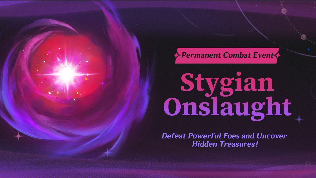 Banner oficial de la Conflagración estigia de Genshin Impact, con un portal violeta de combate.
